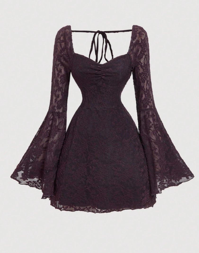Vestido de Festa curto de Renda Decote Coração Princesa manga flare preto roxo