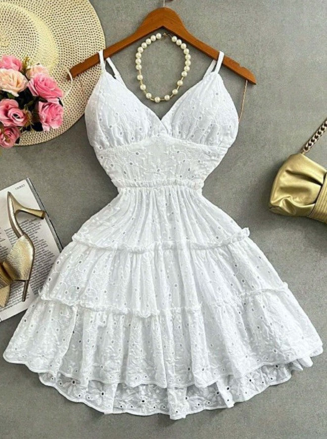 vestido de festa de verão de lese laise vazado bordado algodão bojo curto alcinha branco