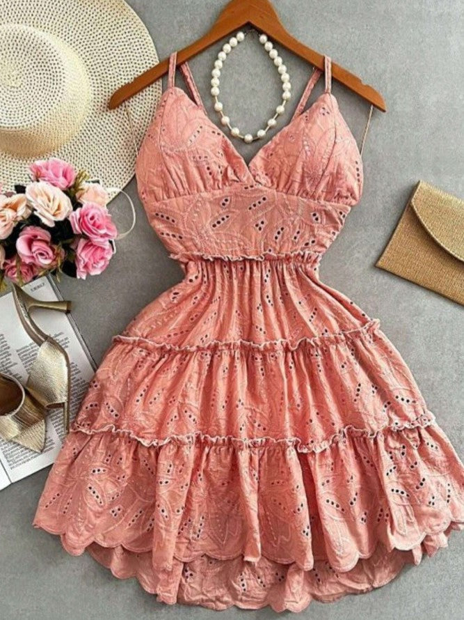 vestido de festa de verão de lese laise vazado bordado algodão bojo curto alcinha casual rosa salmão