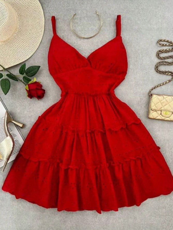 vestido de festa de verão de lese laise vazado bordado algodão bojo curto alcinha casual vermelho