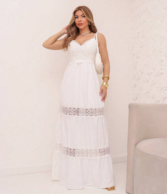 Vestido Longo de Festa Decote V Renda no decote e na cintura acinturado branco