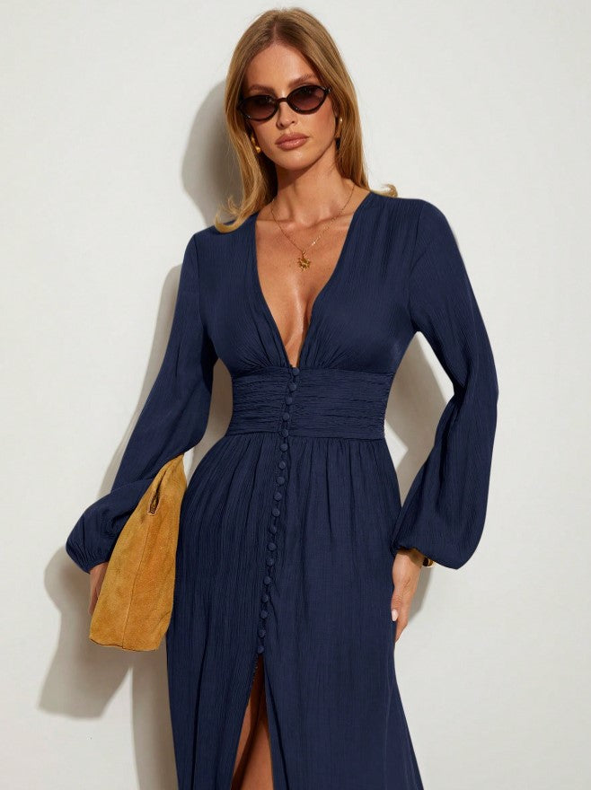 Vestido Longo Boho Chic Chemise Decote profundo de Manga longa acinturado marinho