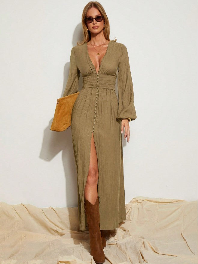 Vestido Longo Boho Chic Chemise Decote profundo de Manga longa acinturado bege claro