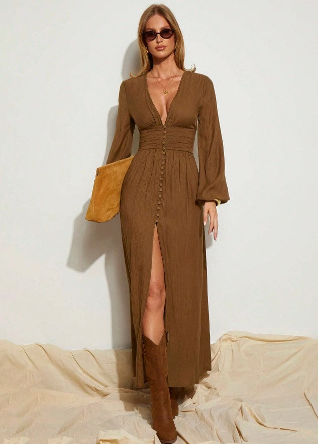Vestido Longo Boho Chic Chemise Decote profundo de Manga longa acinturado marrom