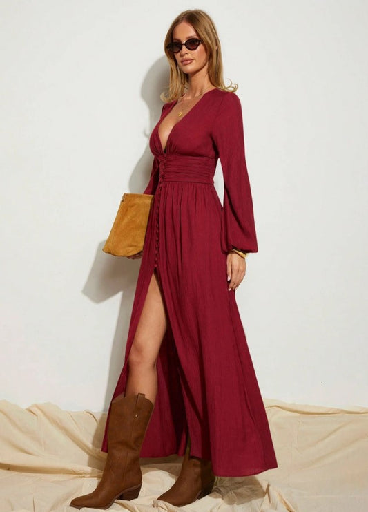 Vestido Longo Boho Chic Chemise Decote profundo de Manga longa acinturado bordÔ vinho vermelho