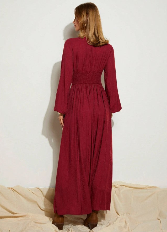 Vestido Longo Boho Chic Chemise Decote profundo de Manga longa acinturado bordÔ vinho vermelho