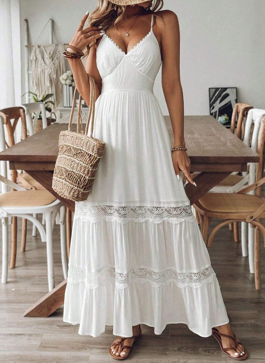 Vestido Longo branco alcinha com  Renda Boho Chic de Verão acinturado casamento civil praia social casual