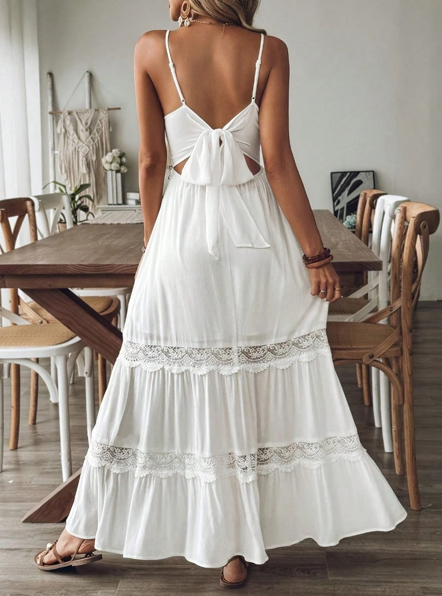 Vestido Longo branco alcinha com  Renda Boho Chic de Verão acinturado casamento civil praia costas decotadas amarração