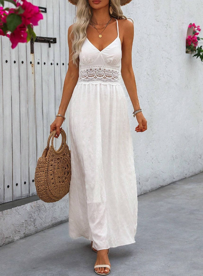 Vestido Longo BRANCO Costas decotadas c/Renda Alcinha decote v acinturado casamento praia civil