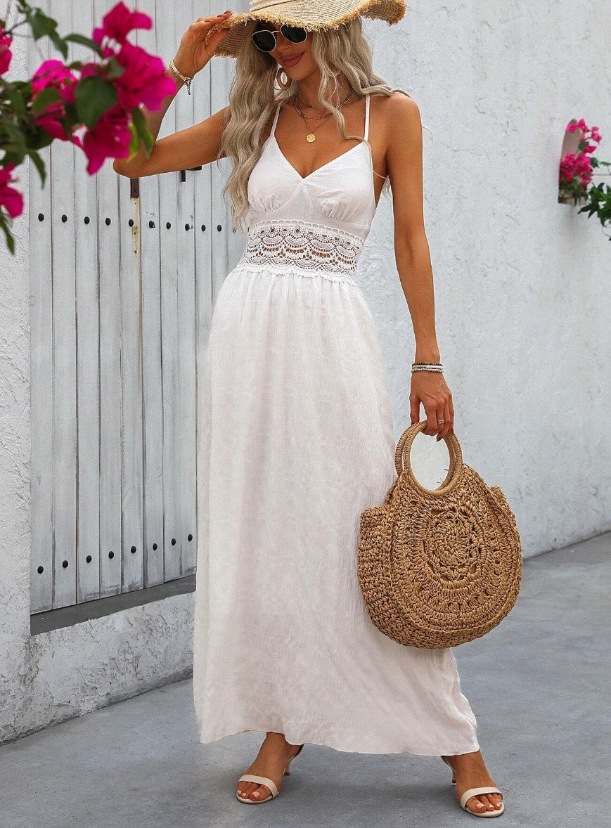 Vestido Longo BRANCO Costas c/Renda Alcinha decote v acinturado casamento praia civil reveillon