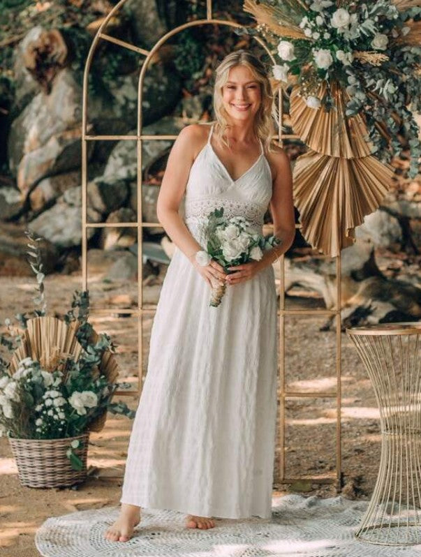 Vestido Longo BRANCO Costas decotadas c/Renda Alcinha decote v acinturado casamento praia civil