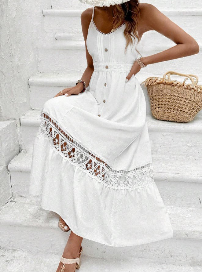 Vestido Longo Branco com Renda Boho sofisticado alcinha verão
