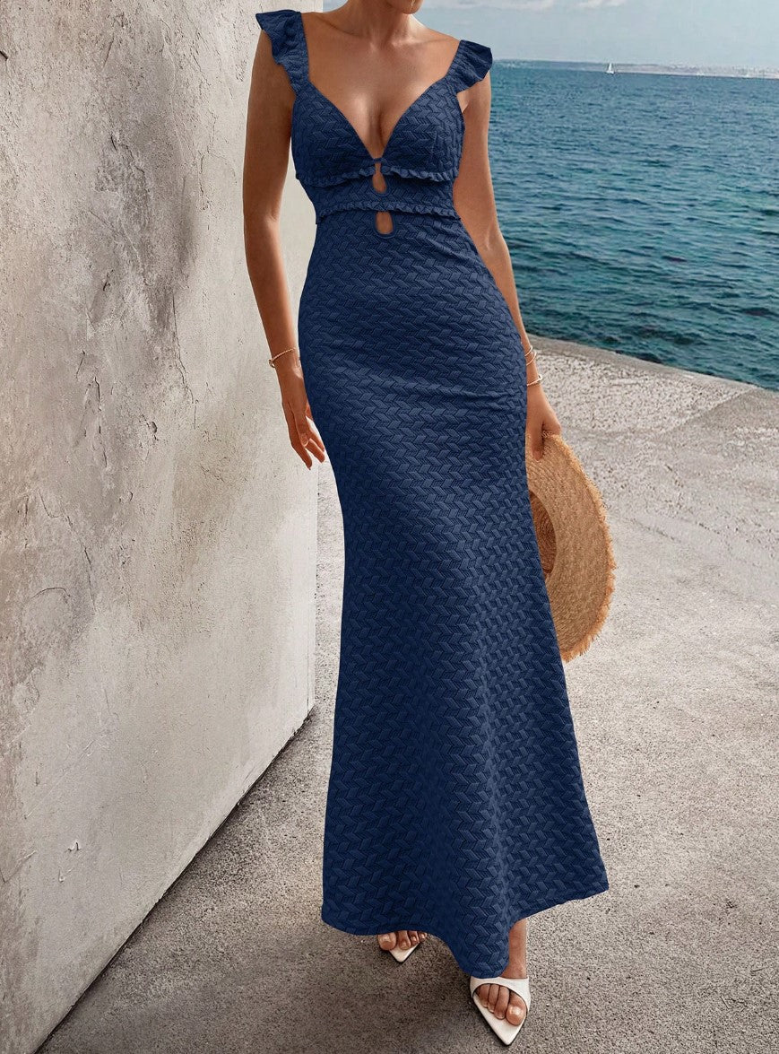 Vestido de Festa Longo SAÍDA DE PRAIA de renda Crochê sofiticado azul marinho decote profundo