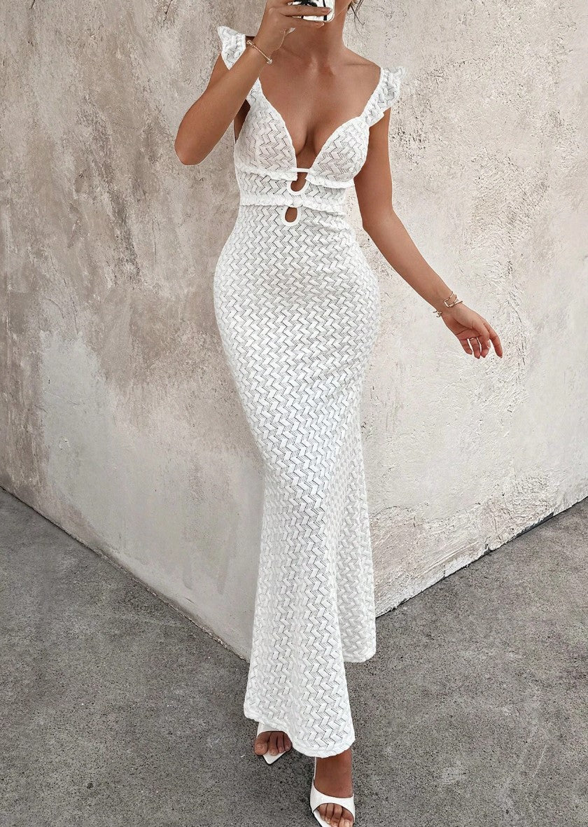 Vestido de Festa Longo SAÍDA DE PRAIA de renda Crochê sofiticado branco decote profundo