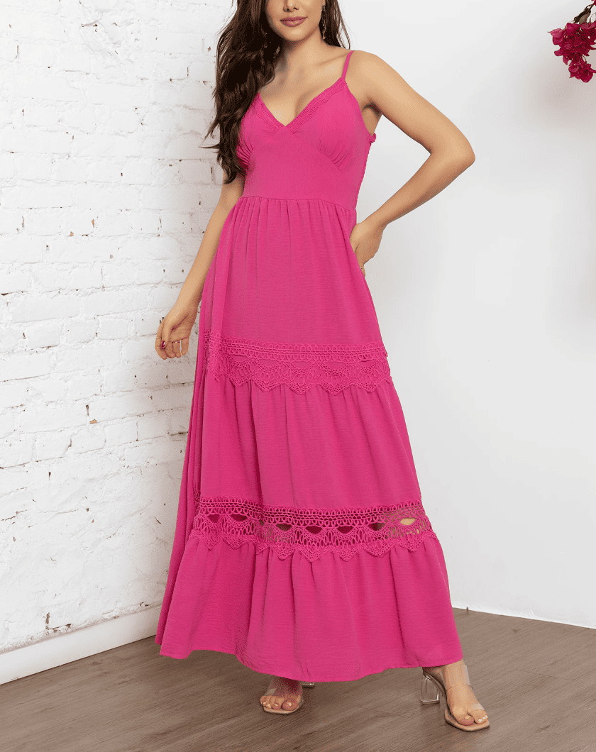 Vestido de Festa Longo c/Renda Alcinha verão rosa pink barbiecore