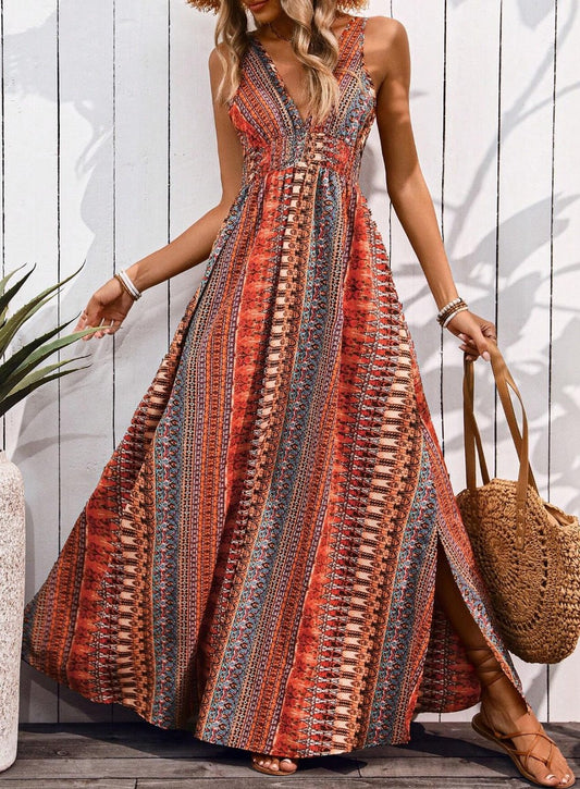 Vestido Longo estampado Étnico Boho Regata Decote V acinturado fenda plus size laranja