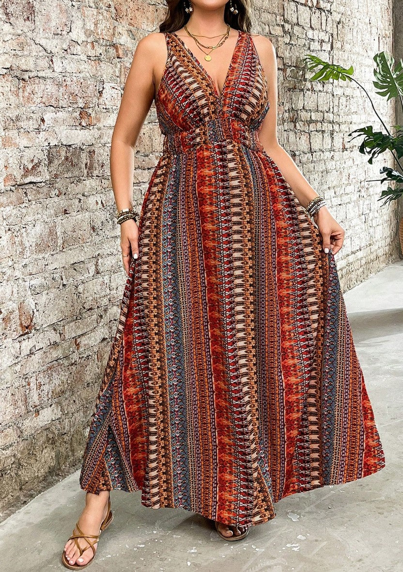 Vestido Longo estampado Étnico Boho Regata Decote V acinturado fenda laranja plus size