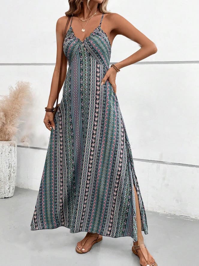 Vestido Longo Boho chic Étnico Estampado Alcinha verão acinturado elegante decote v fenda rosa cinza