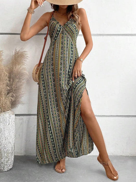 Vestido Longo Boho Étnico Estampado Alcinha verão acinturado elegante VERDE