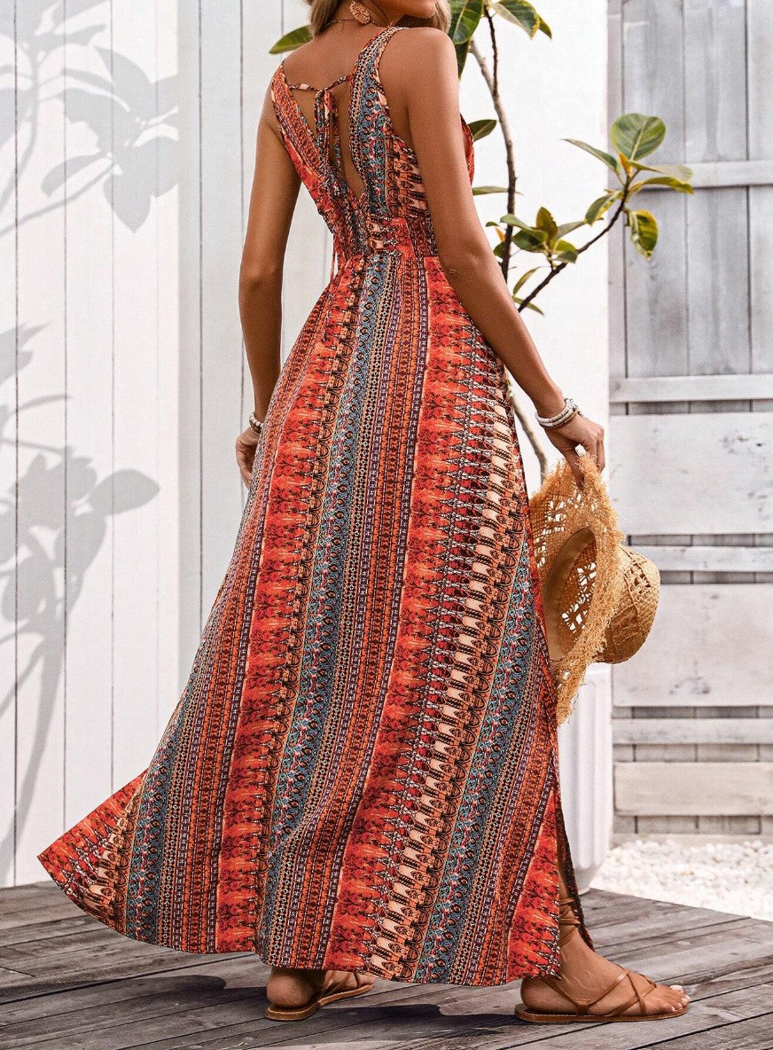 Vestido Longo estampado Étnico Boho Regata Decote V acinturado fenda laranja