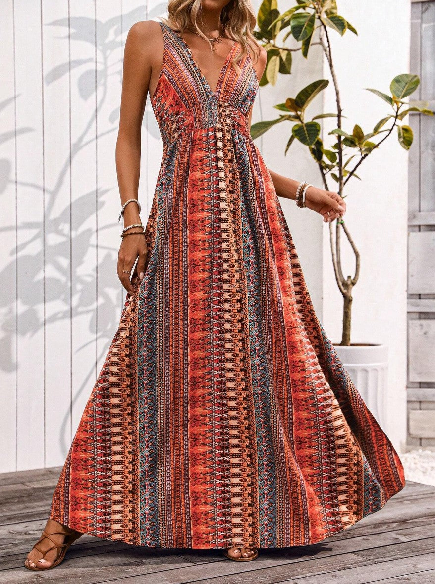 Vestido Longo estampado Étnico Boho Regata Decote V acinturado fenda laranja