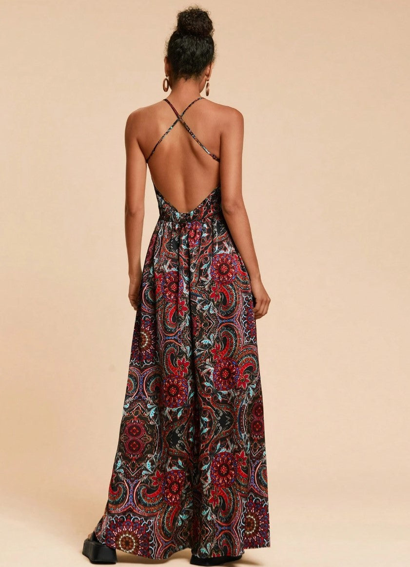 Vestido Longo Estampa Boho Chic Decote profundo Costas nuas indiano elegante sofisticado acinturado