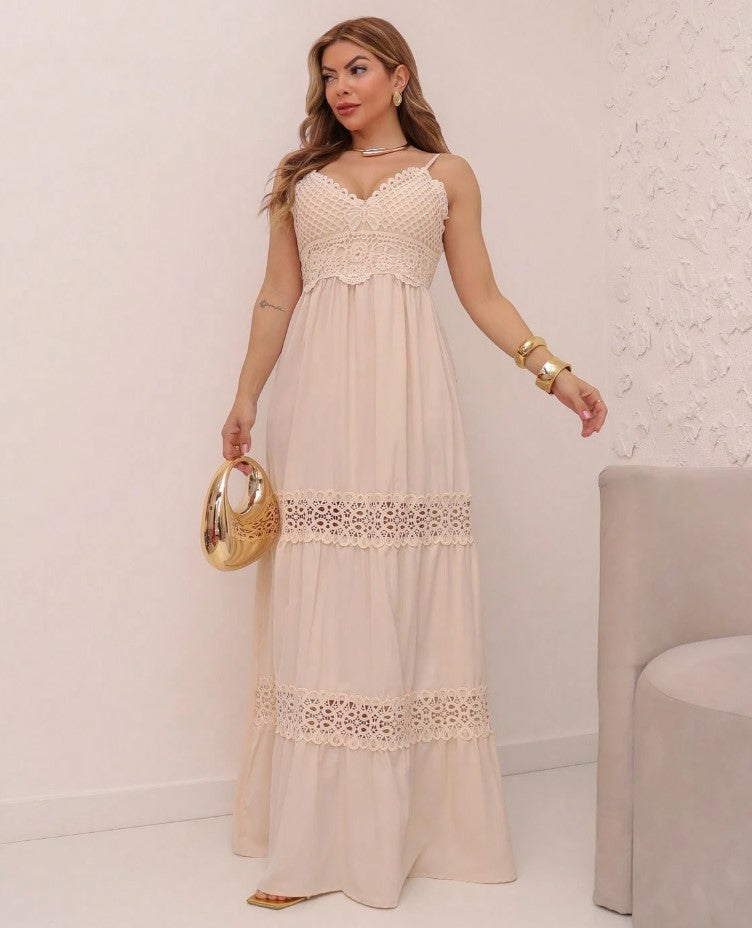 Vestido Longo de Festa Decote V Renda no decote e na cintura acinturado bege