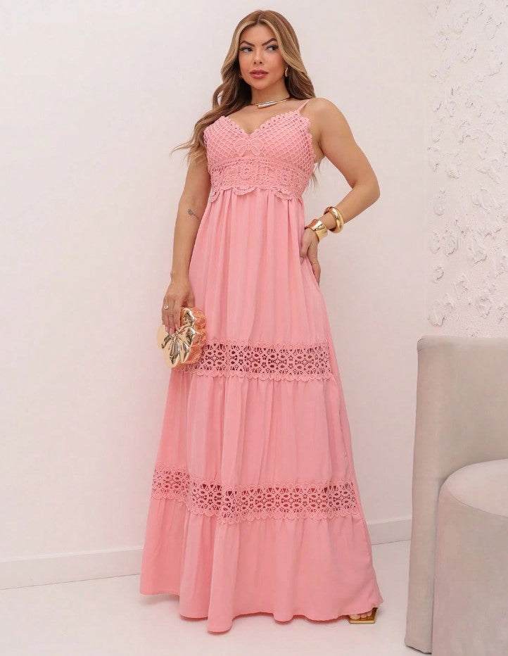 Vestido Longo de Festa Decote V Renda no decote e na cintura acinturado rosa