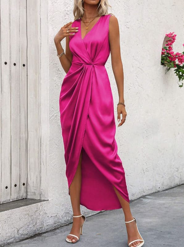 Vestido de Festa midi Longo Regata fenda Cetim elegante rosa pink barbiecore sofisticado