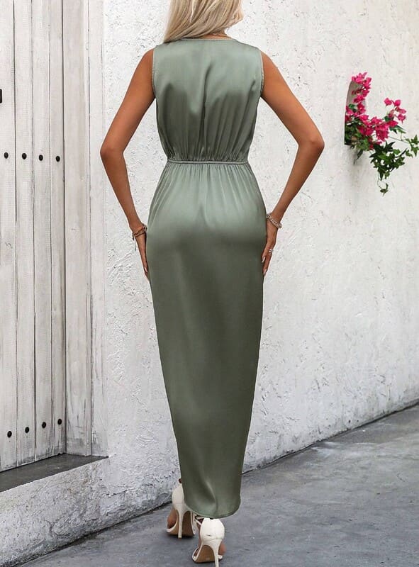 Vestido de Festa midi Longo Regata fenda Cetim elegante verde militar musgo