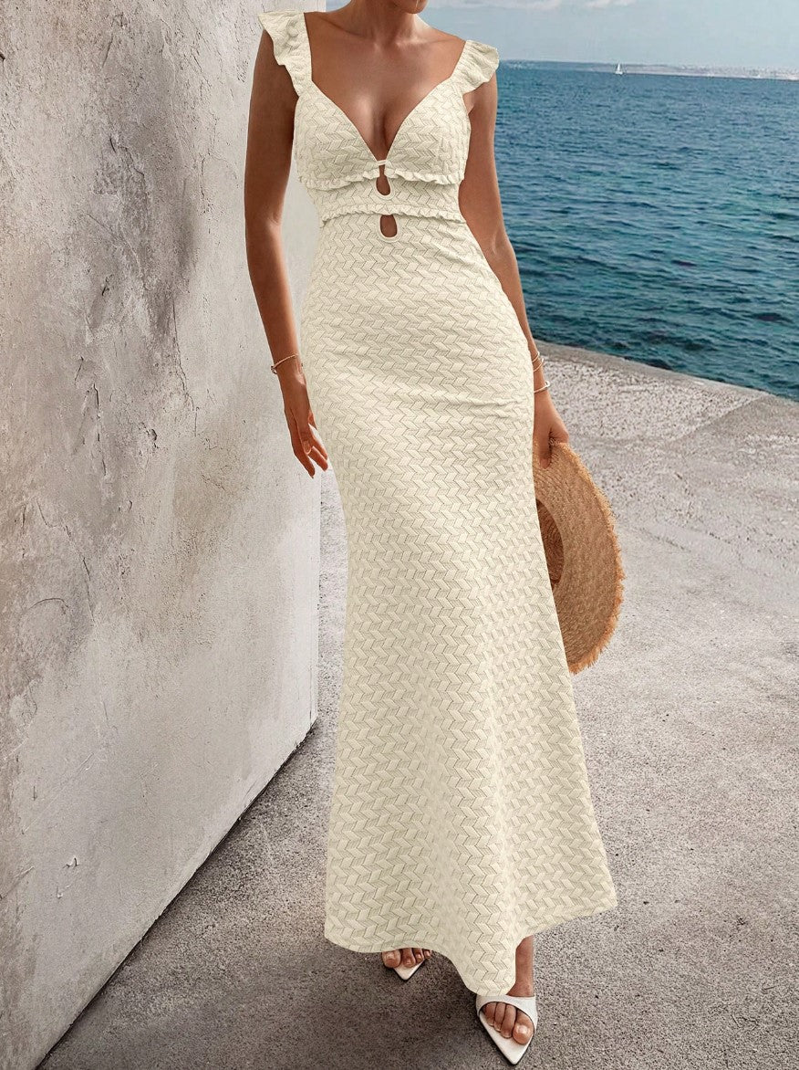 Vestido de Festa Longo SAÍDA DE PRAIA de renda Crochê sofiticado creme decote profundo