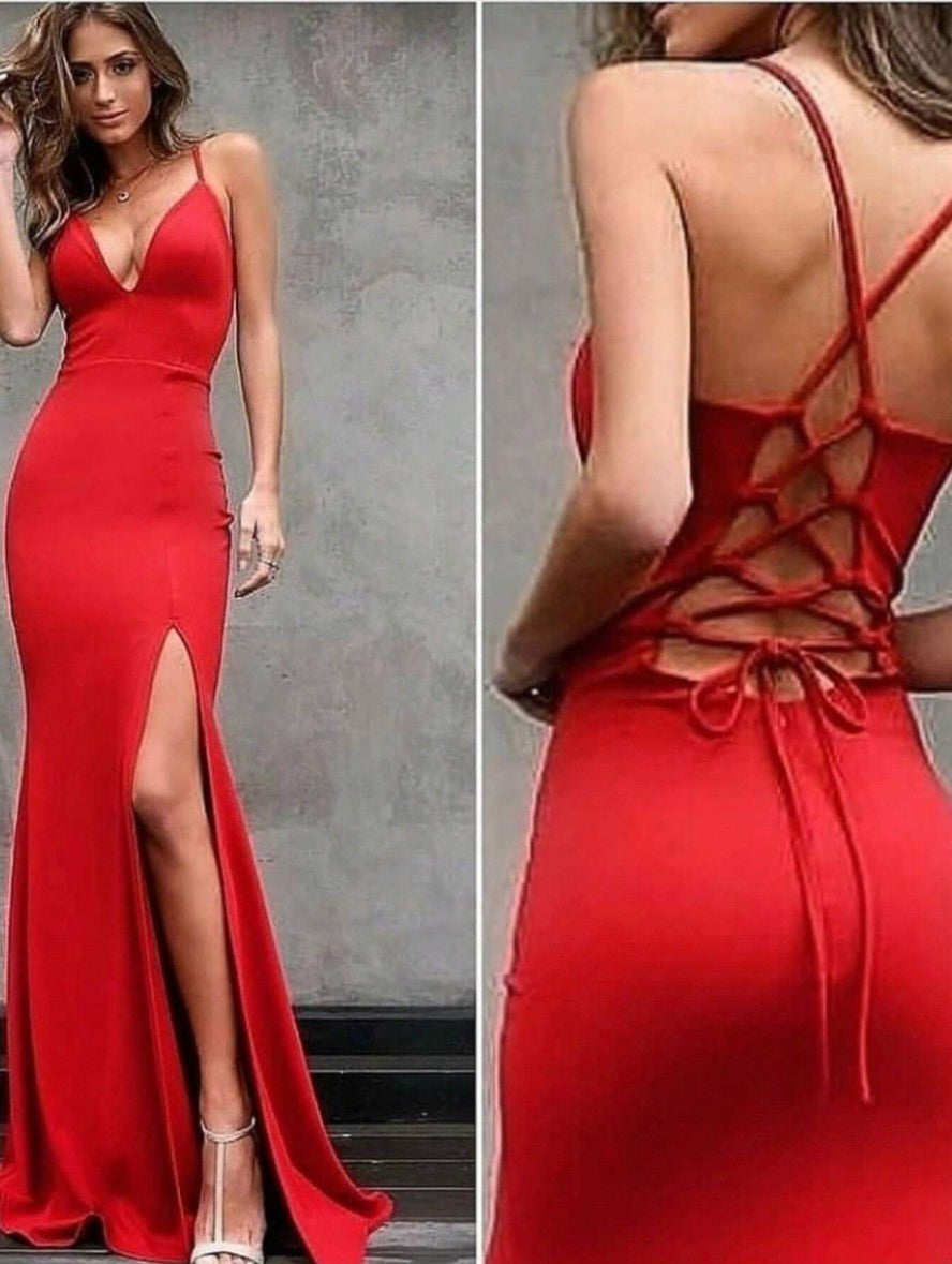 Vestido Longo Festa Casamento Costas Nuas vermelho fenda