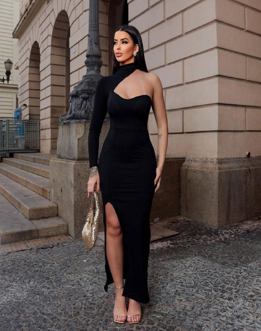 Vestido Longo de Festa Fenda Uma Manga preto