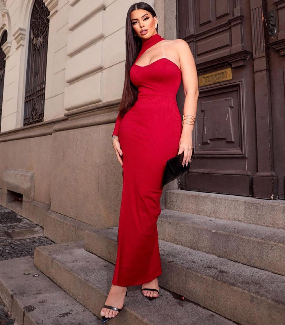 Vestido Longo de Festa Fenda Uma Manga vermelho gola alta