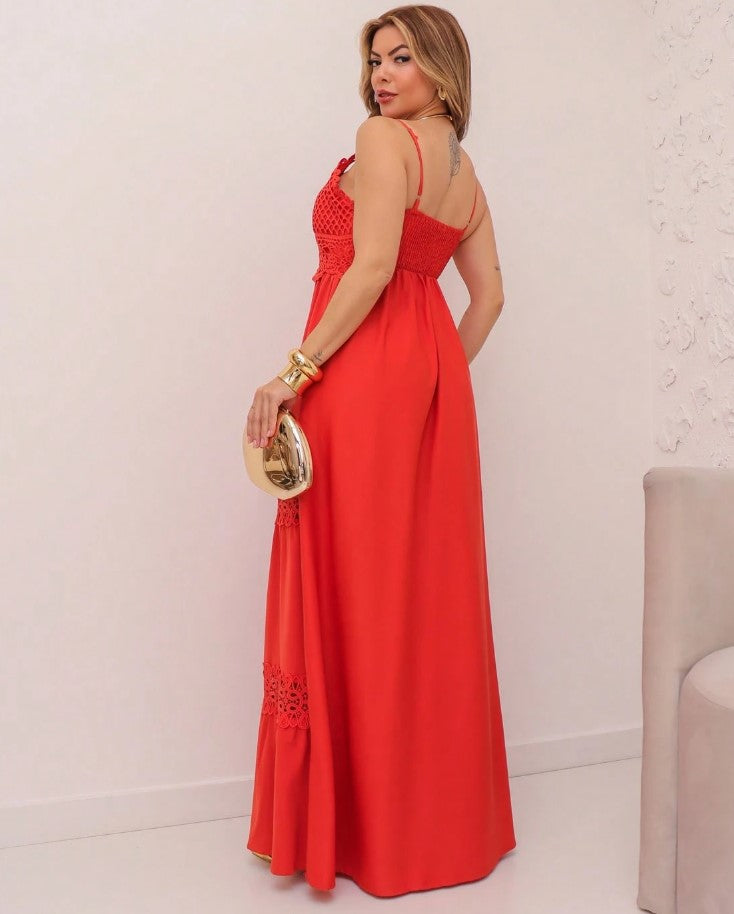 Vestido Longo de Festa Decote V Renda no decote e na cintura acinturado vermelho natal