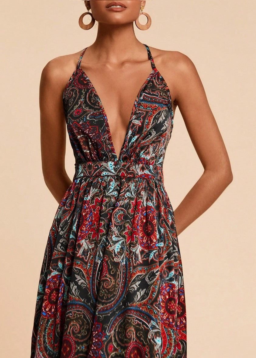 Vestido Longo Estampa Boho Chic Decote profundo Costas nuas indiano elegante sofisticado
