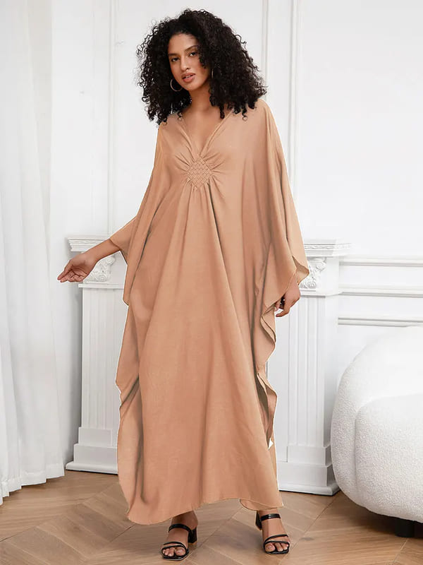 Vestido Longo Detalhe no Decote V Túnica de Praia elegante sofisticado festa viscose plus size bege