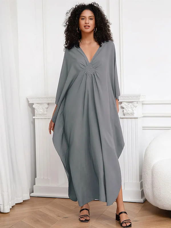 Vestido Longo Detalhe no Decote V Túnica de Praia elegante sofisticado festa viscose plus size cinza
