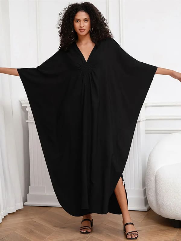 Vestido Longo Detalhe no Decote V Túnica de Praia elegante sofisticado festa viscose plus size preto