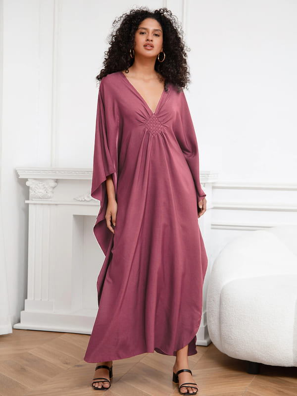 Vestido Longo Detalhe no Decote V Túnica de Praia elegante sofisticado festa viscose rosa empoeirado plus size