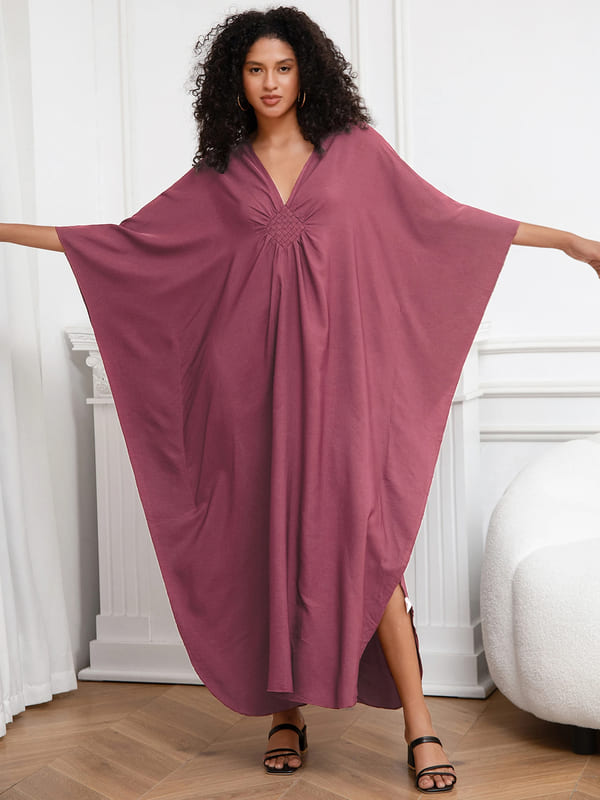 Vestido Longo Detalhe no Decote V Túnica de Praia elegante sofisticado festa viscose rosa empoeirado manga morcego