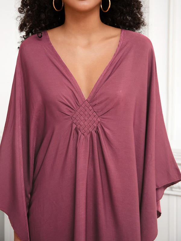 Vestido Longo Detalhe no Decote V Túnica de Praia elegante sofisticado festa viscose rosa empoeirado plus size