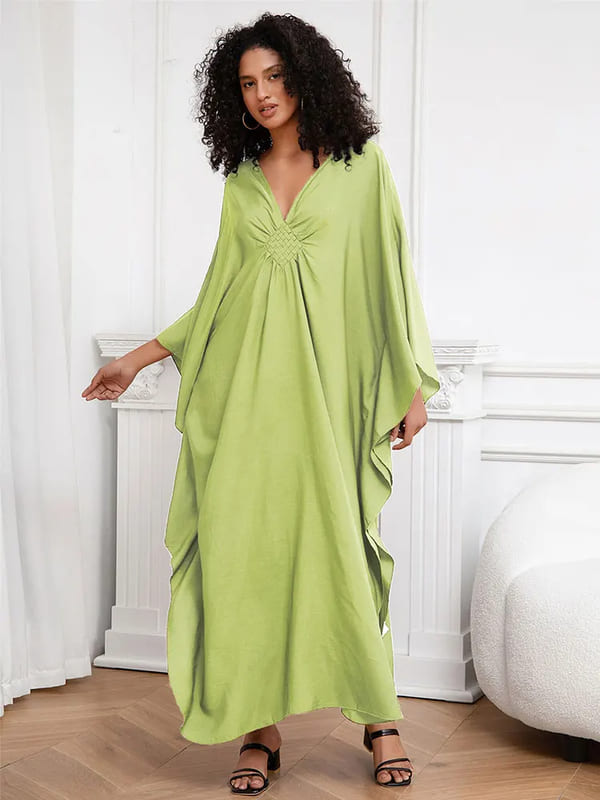 Vestido Longo Detalhe no Decote V Túnica de Praia Cores Sólidas