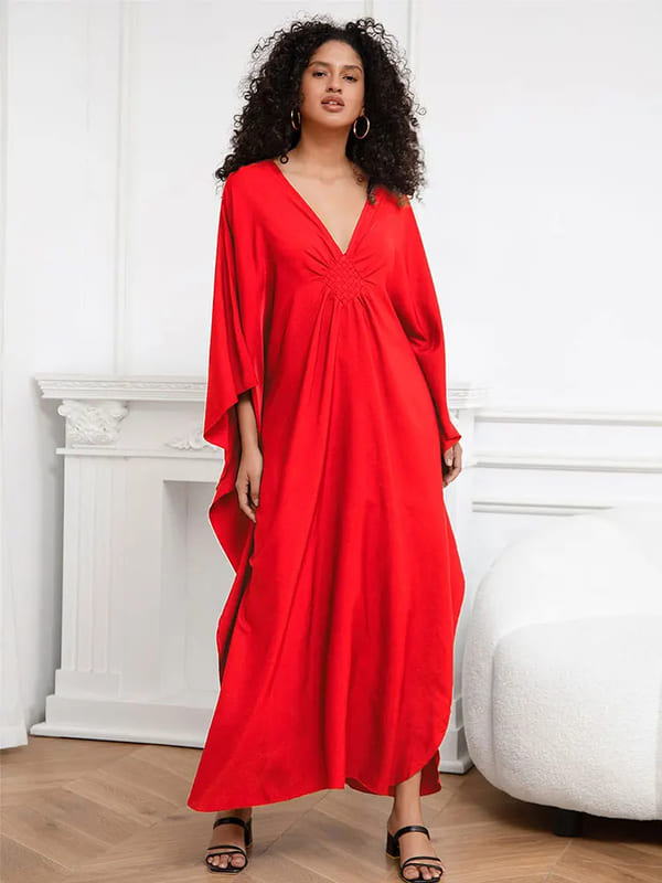 Vestido Longo Detalhe no Decote V Túnica de Praia elegante sofisticado festa viscose plus size vermelho