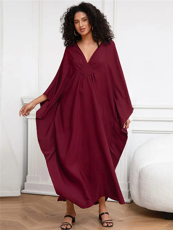 Vestido Longo Detalhe no Decote V Túnica de Praia elegante sofisticado festa viscose plus size vinho bordô