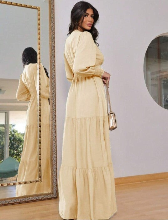 Vestido de Festa Longo Manga Longa Decote V rodado creme