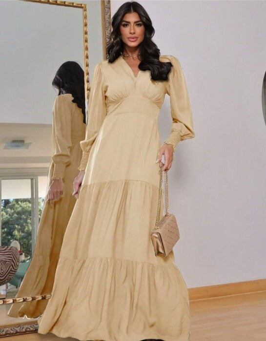 Vestido de Festa Longo Manga Longa Decote V rodado creme