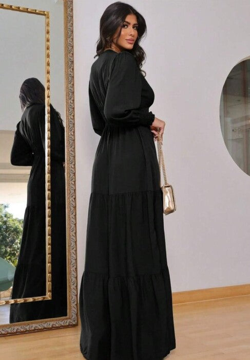 Vestido de Festa Longo Manga Longa Decote V rodado preto