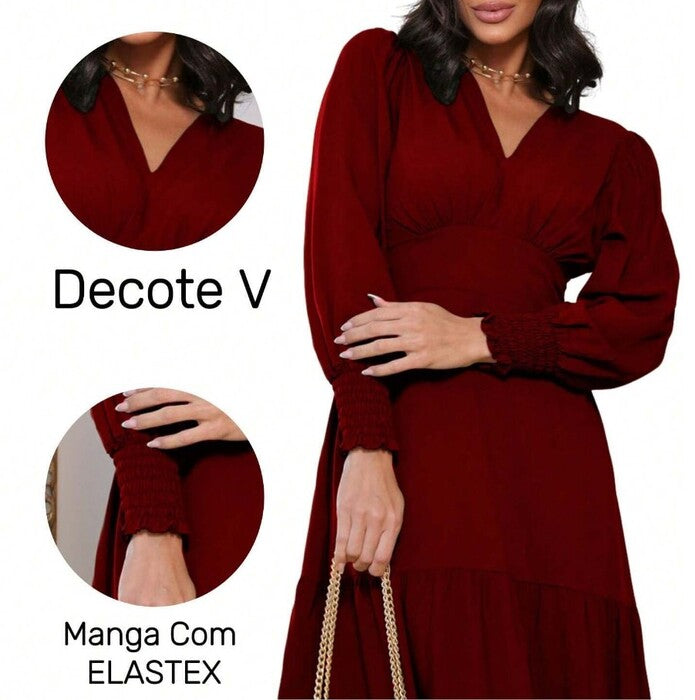 Vestido de Festa Longo Manga Longa Decote V rodado marsala vinho bordô