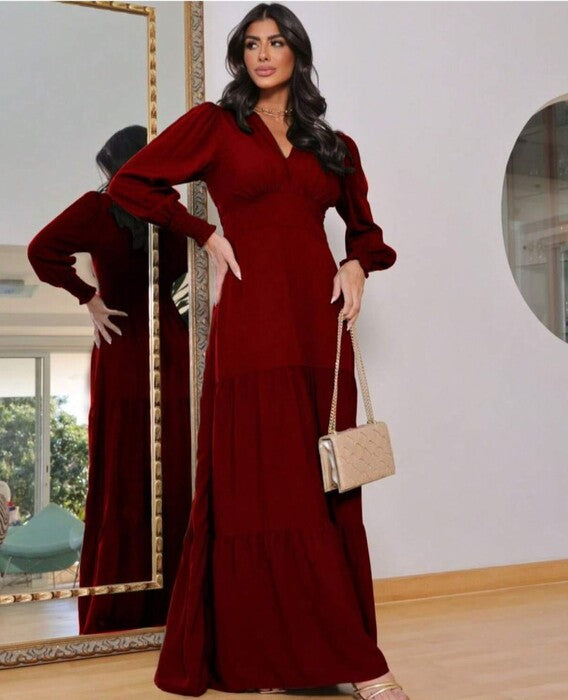 Vestido de Festa Longo Manga Longa Decote V rodado marsala vinho bordô